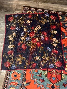 Vintage Talbots 100% Silk Square Scarf Black Floral Bouquet 34"